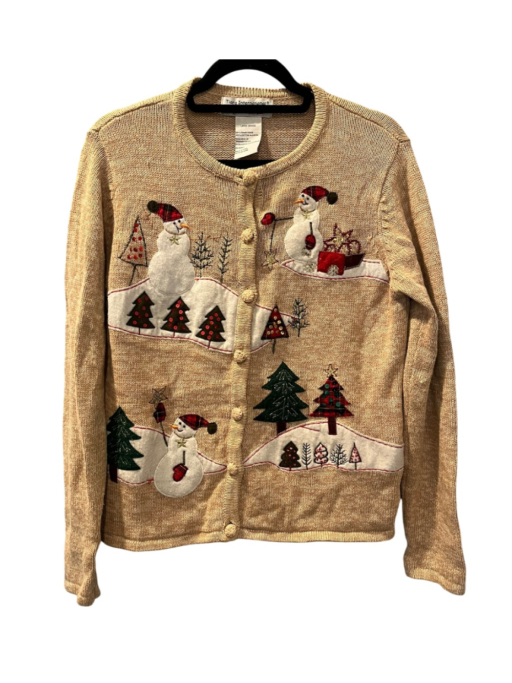 VTG Tiara International Christmas Sweater Cardigan L Tan Knit Snowman Tree Ugly